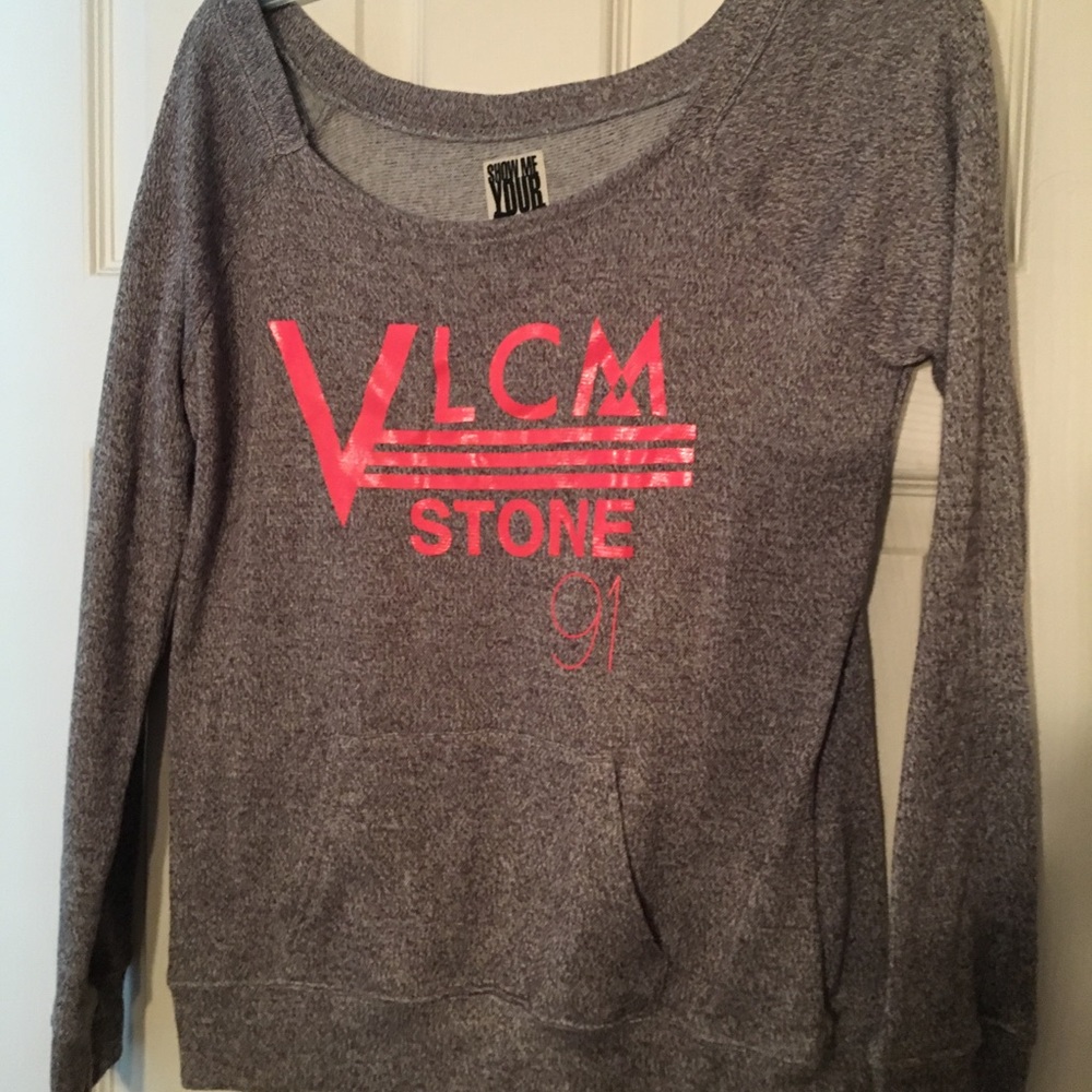 Grey and pink sweater off the shoulder pullover